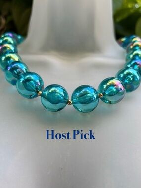 Natasha Couture Clear Blue Acrylic Ball Necklace Retro Iridescent Gold Cocktail